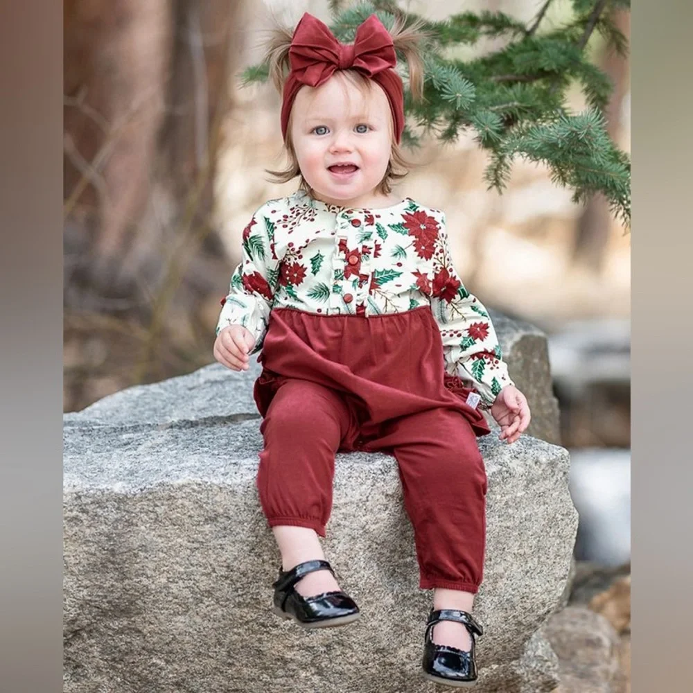 RuffleButts Merry And Bright Long Sleeve Christmas Romper